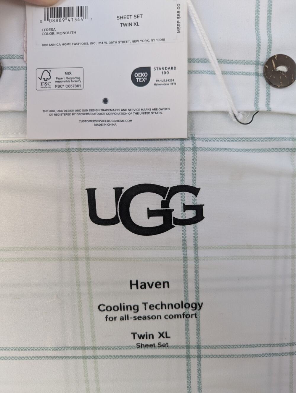 New UGG Haven Twin XL Green Monolith/White Cooling Sheet Set Fit 15" Mattress